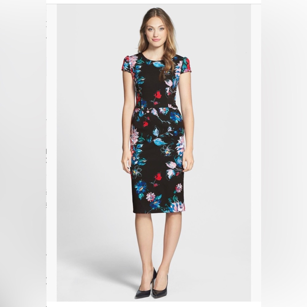 Betsey Johnson Black Dress with Red and Blue Floral Pattern
